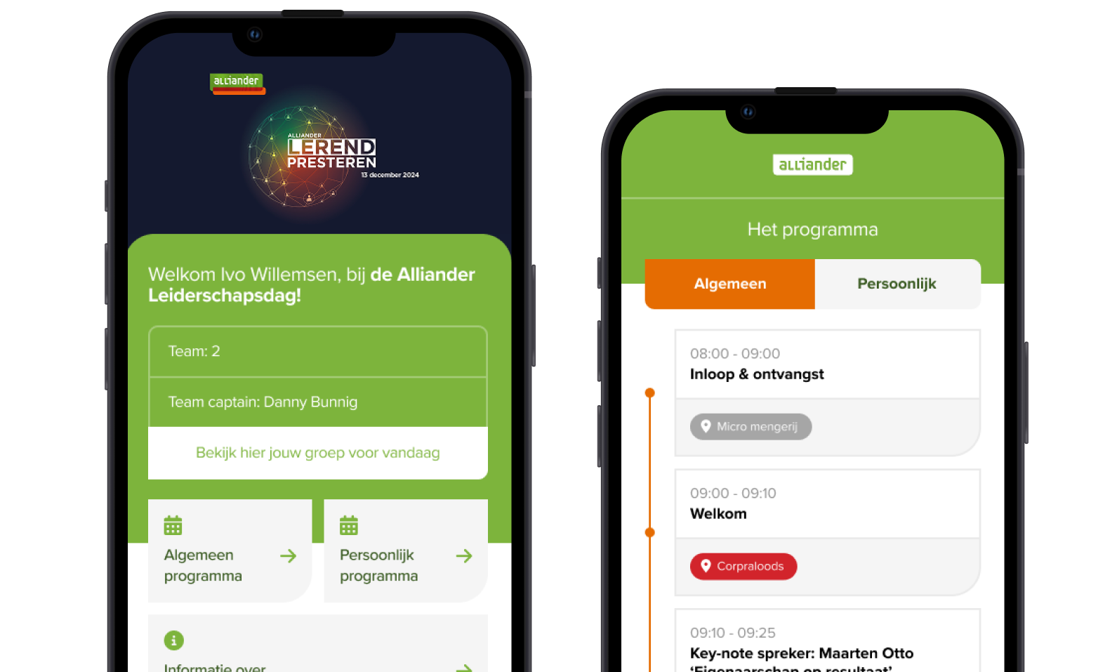 Twee iPhone Mockups van de Alliander Leiderschapsdag App