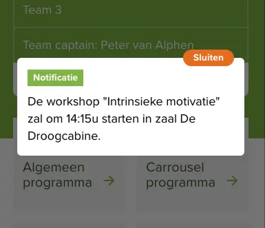 Voorbeeld van een notificatie bericht binnen de Event App