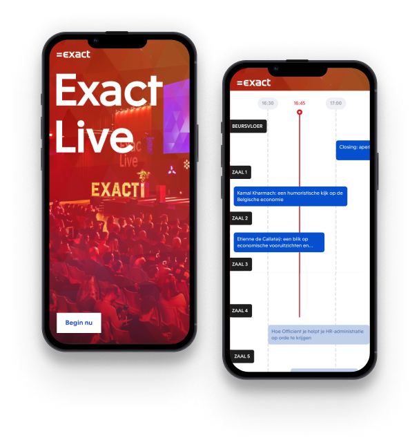 Twee schermen van de Event App met hierop het splashscreen en het programma