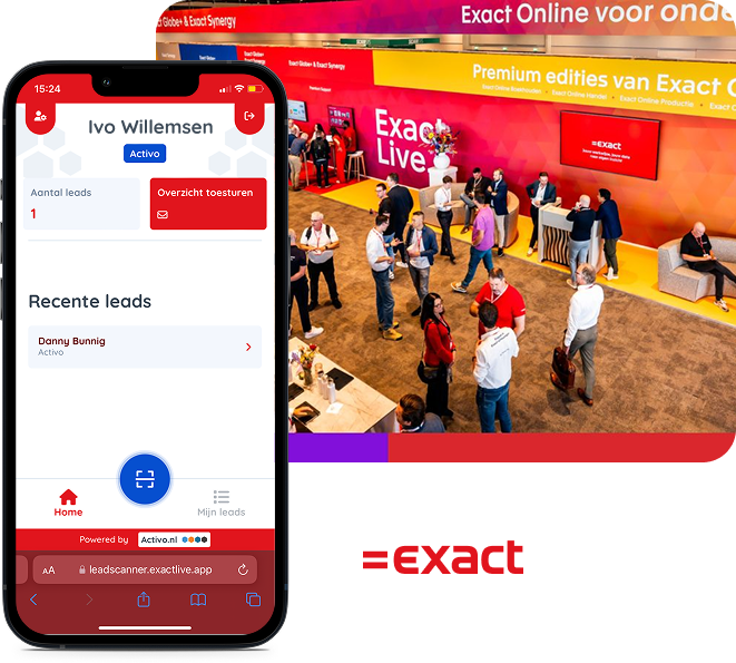 Voorbeeld van de Leadscanner App en de Event App die zijn ingezet tijdens het Exact Live evenement.