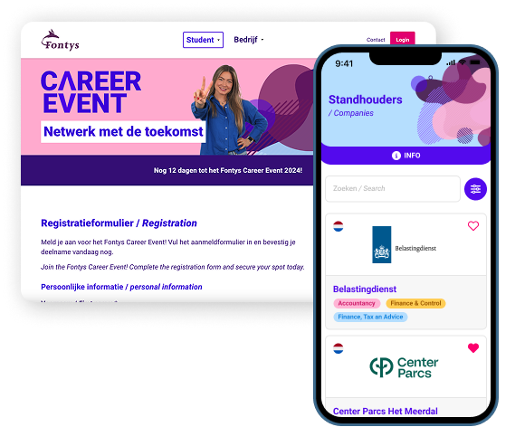 Voorbeeld van de eventwebsite voor studenten van het Fontys Career Event, met een daarbijbehorende Event App.
