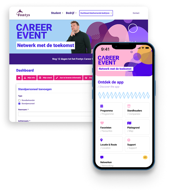 Voorbeeld van de eventwebsite voor bedrijven van het Fontys Career Event, met een daarbijbehorende Event App.