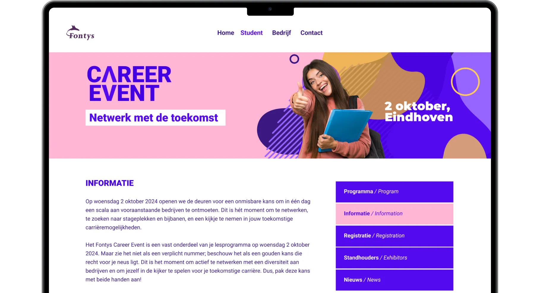 MacBook mockup van de Fontys Career Event registratiewebsite