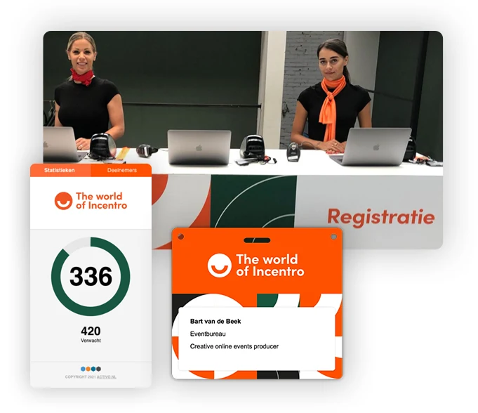 Overzicht van de Live App met daarbij een badge en hostessen.