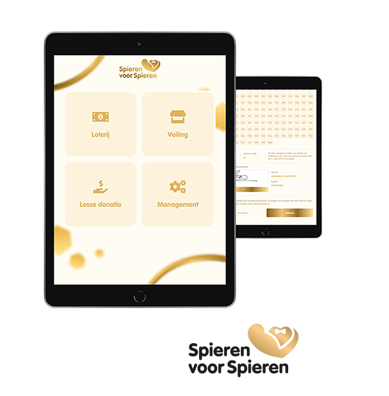 iPad mockups van het Spieren voor Spieren gala donatiesysteem