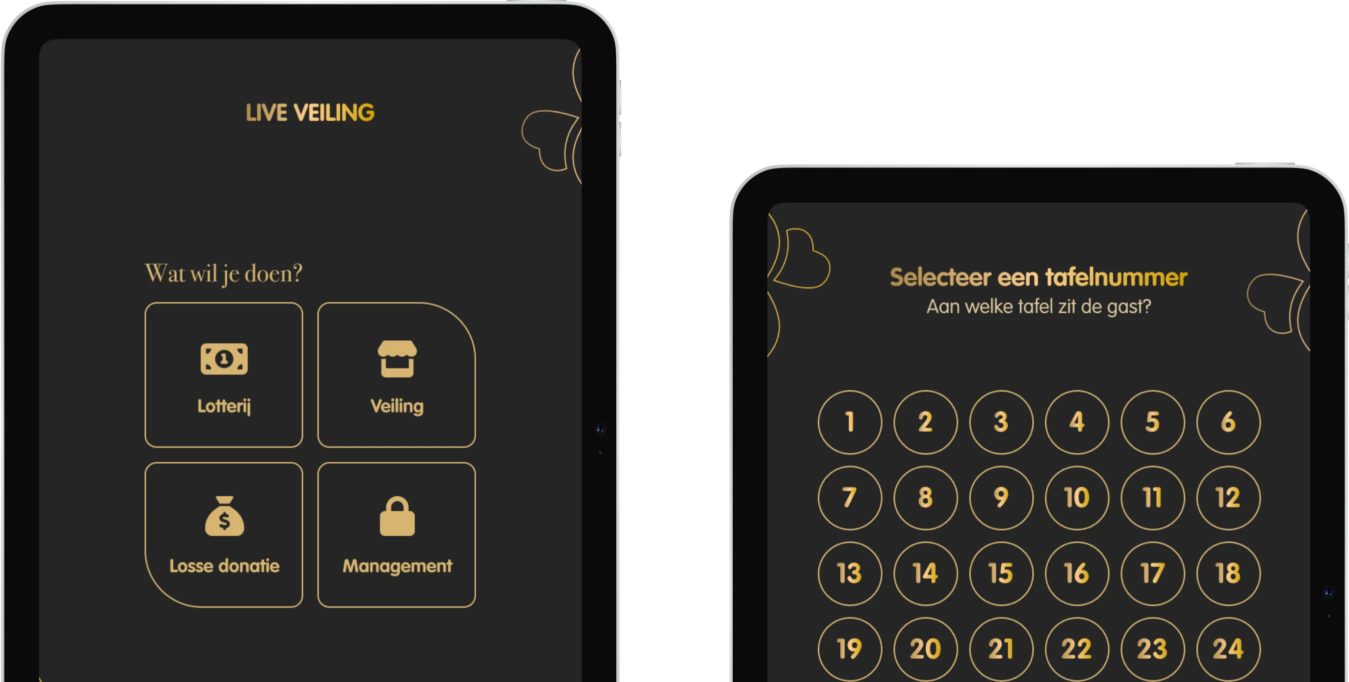 iPad mockups van het Spieren voor Spieren gala donatiesysteem