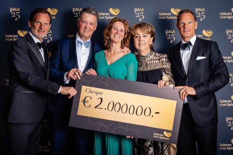 Foto waarop deelnemers een cheque overhandigen tijdens het Spieren voor Spieren gala