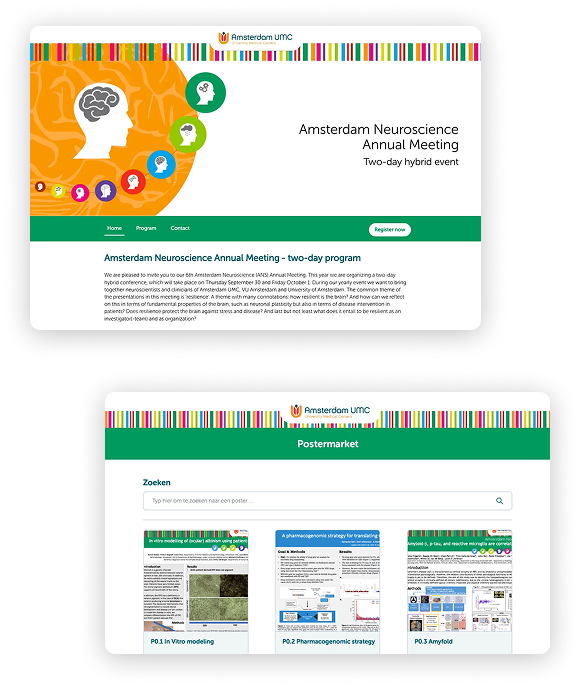 Voorbeelden van de registratiewebsite en de posterpresentaties van het congres.