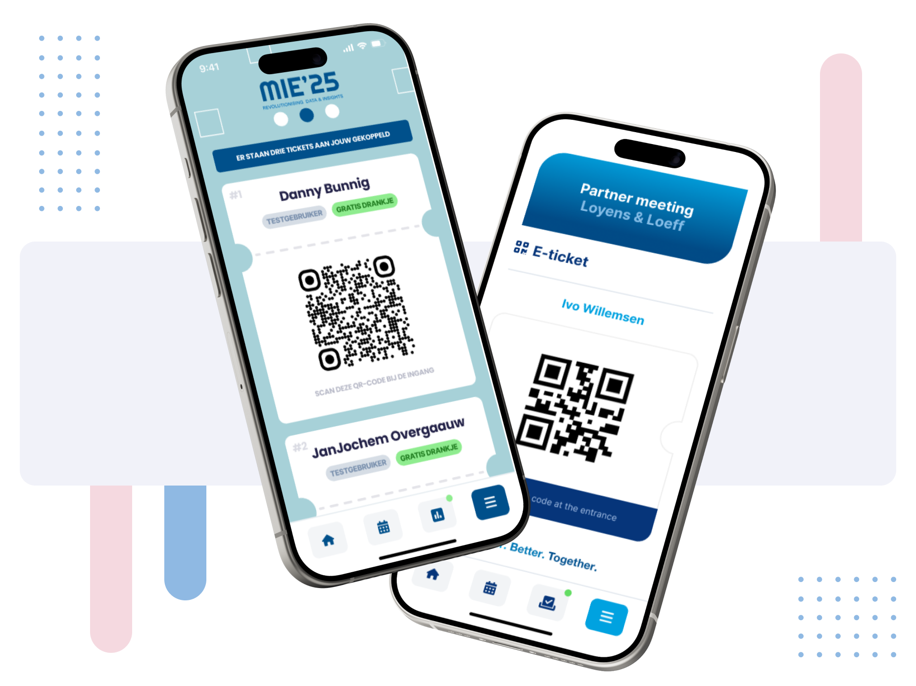 Twee schermen die de Event App tonen met e-ticket functionaliteit.