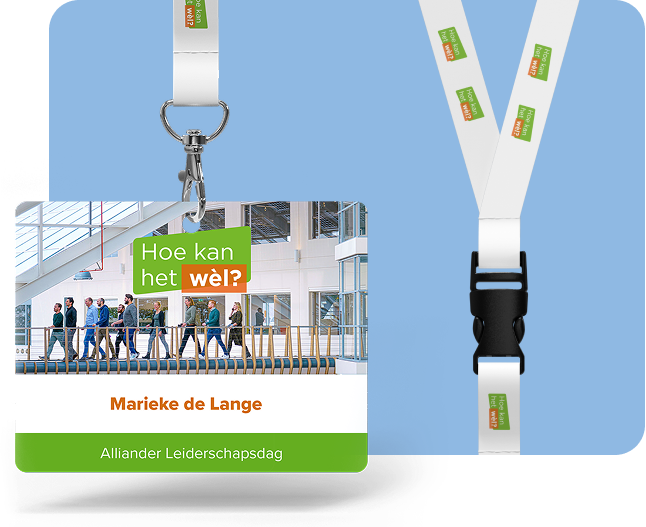 Badge in huisstijl en keycord met bedrukking