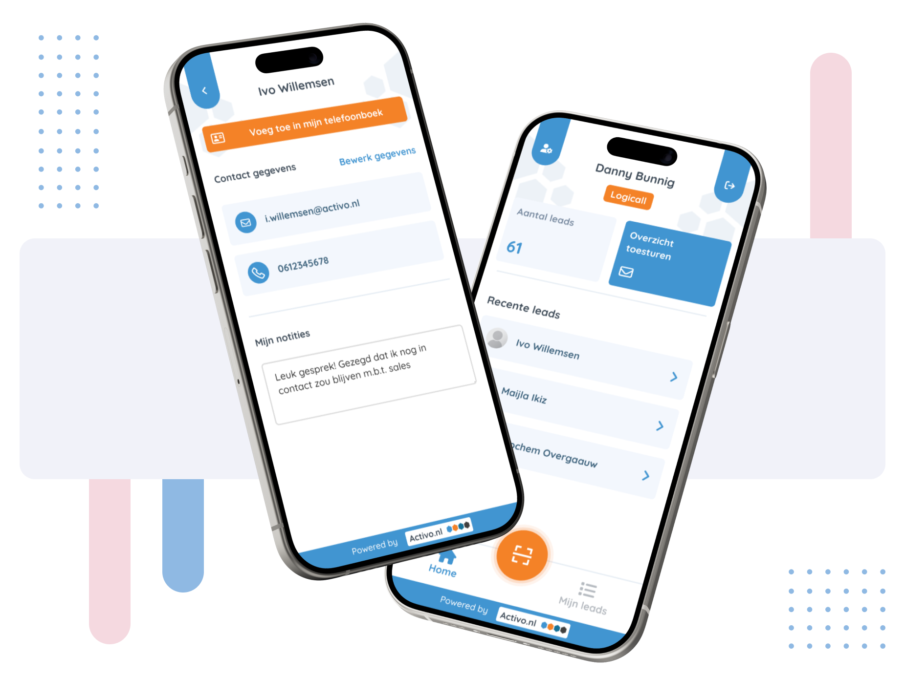 Twee schermen die de Leadscanner App van Activo tonen.