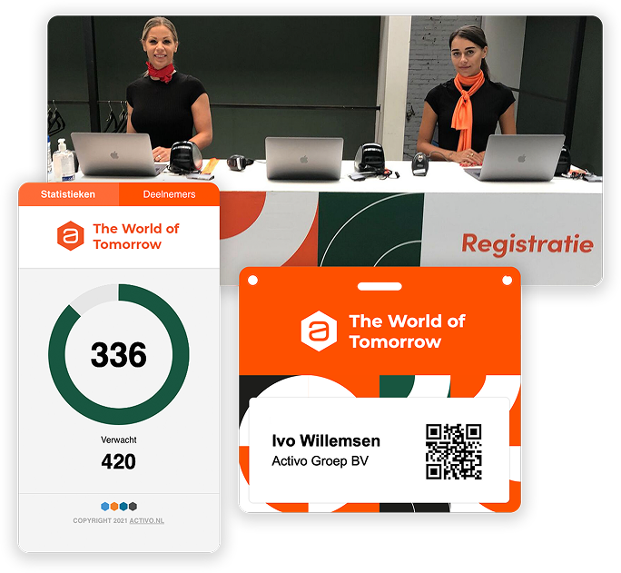 Overzicht van de Activo Live App met daarbij een badge en hostessen.